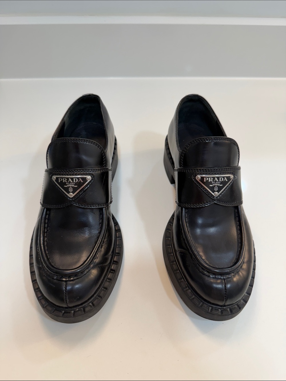 Prada Black Leather Lug-Sole Penny Loafers - Picture 2 of 7